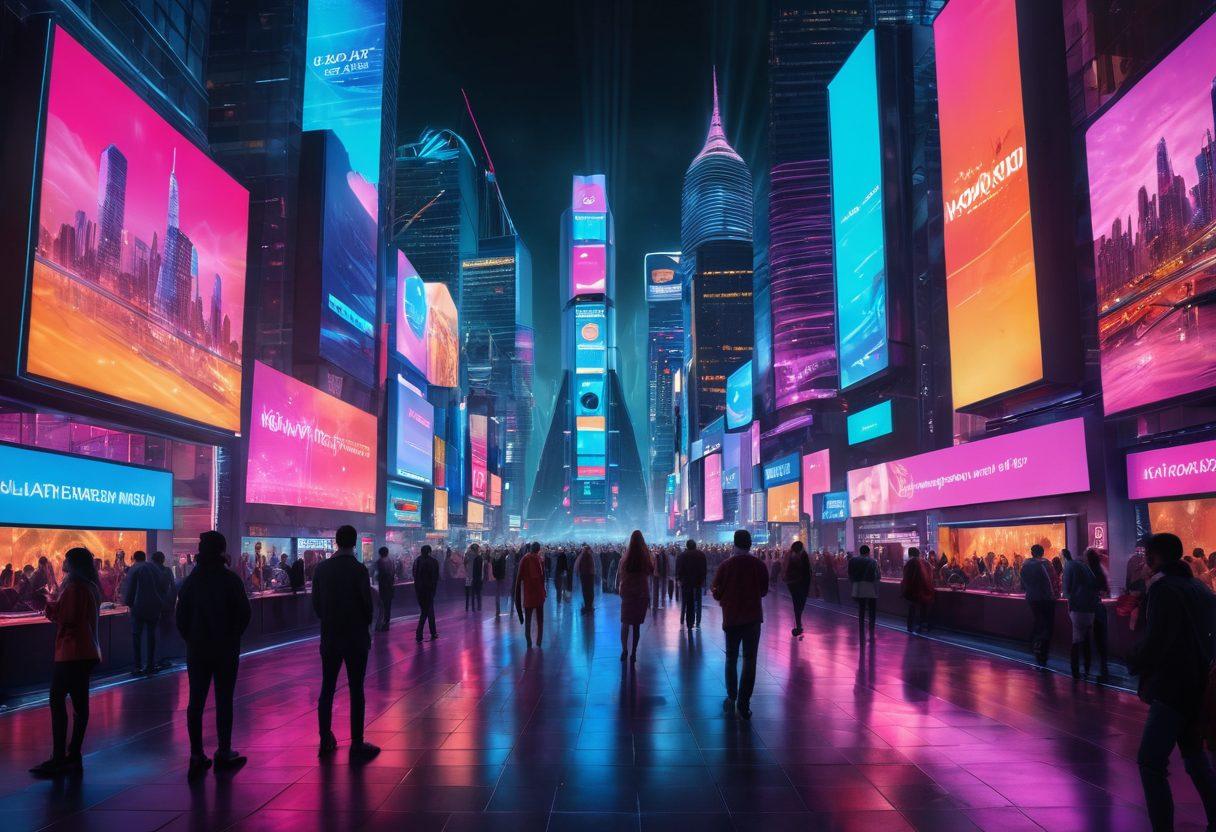 A seamless blend of virtual reality and augmented reality elements; a futuristic cityscape with people interacting with holograms, VR headsets, and AR glasses. Vivid neon colors and intricate digital interfaces enhance the immersive experience. Super-realistic. Vibrant colors. Futuristic aesthetic.