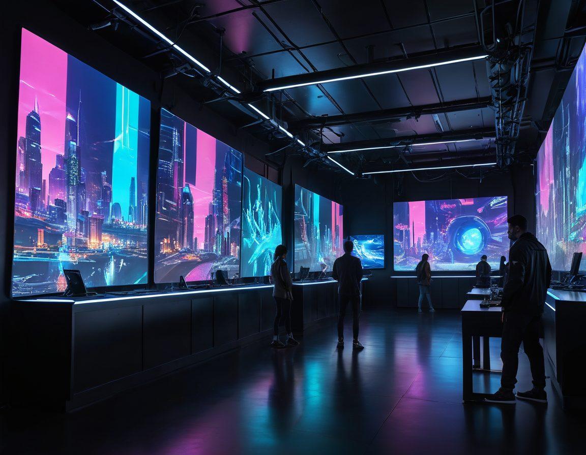 A futuristic digital landscape with vibrant, interactive holographic displays, populated by diverse characters engaging with captivating content on various devices. Neon accents highlight the immersive experience, reflecting the ultimate web experience. cyberpunk. vibrant colors. 3D.