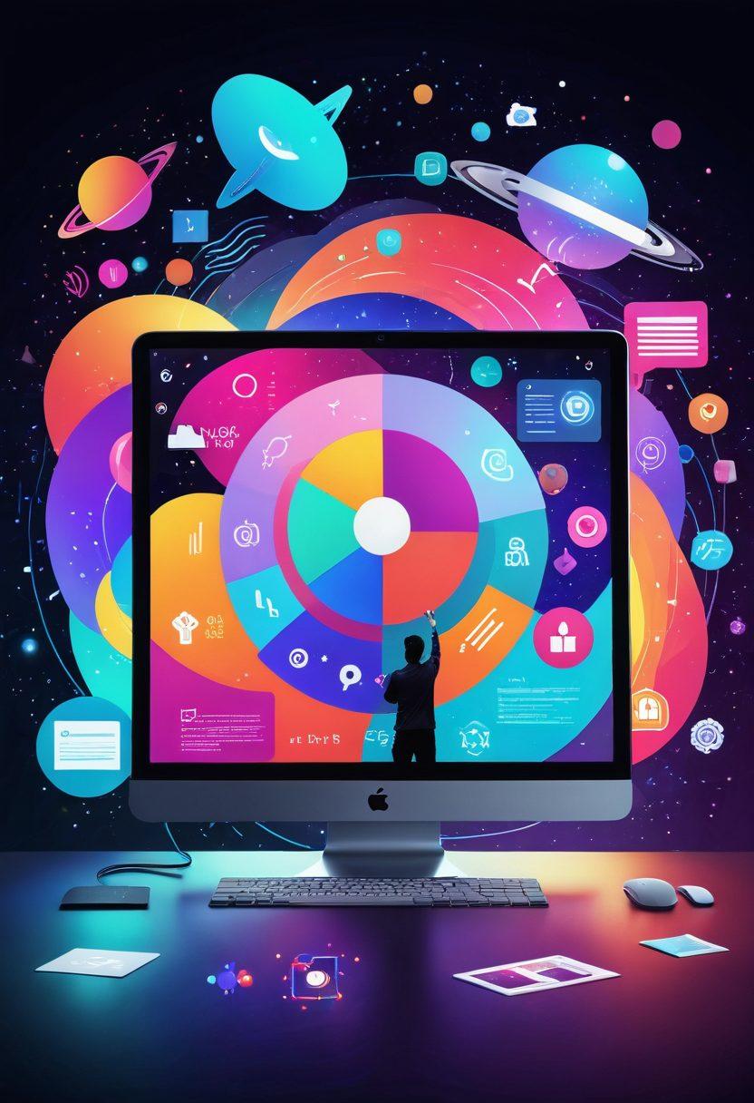 A futuristic computer screen filled with colorful, dynamic digital content like blog posts, videos, and social media icons, surrounded by a swirling galaxy of ideas represented by icons and symbols. A person is thoughtfully navigating the content using a modern interface. Use a mix of vibrant colors and sleek, minimalist design elements. digital art. vibrant colors. high-tech.